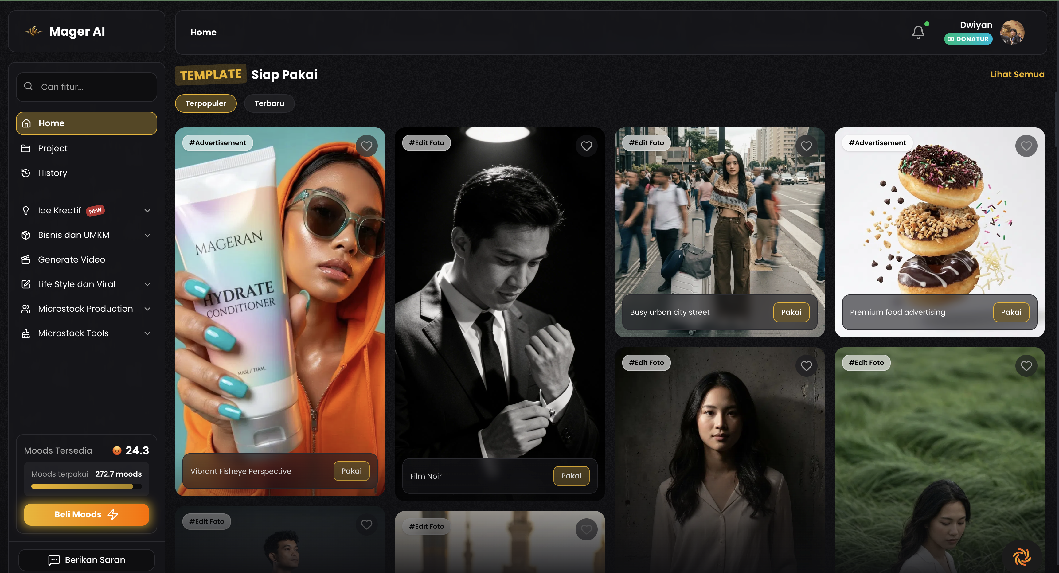 Mager AI dashboard showing ready-to-use creative templates and the generation sidebar