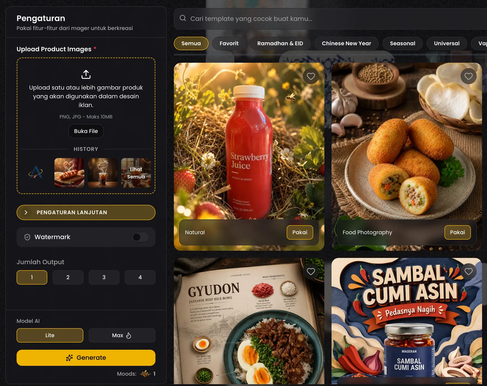 The product image flow. Upload the product, set watermark, output count, and model on the left; browse the template gallery by category on the right.