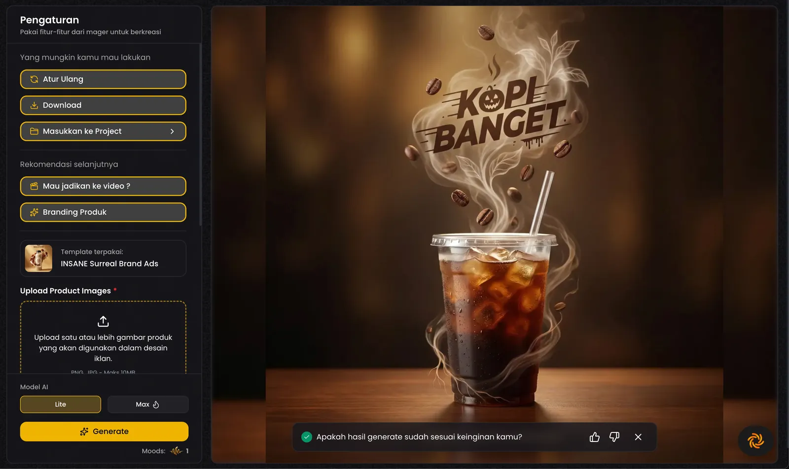 A finished generation: an AI product ad built from one template, with reset, download, and save-to-project as the next actions.