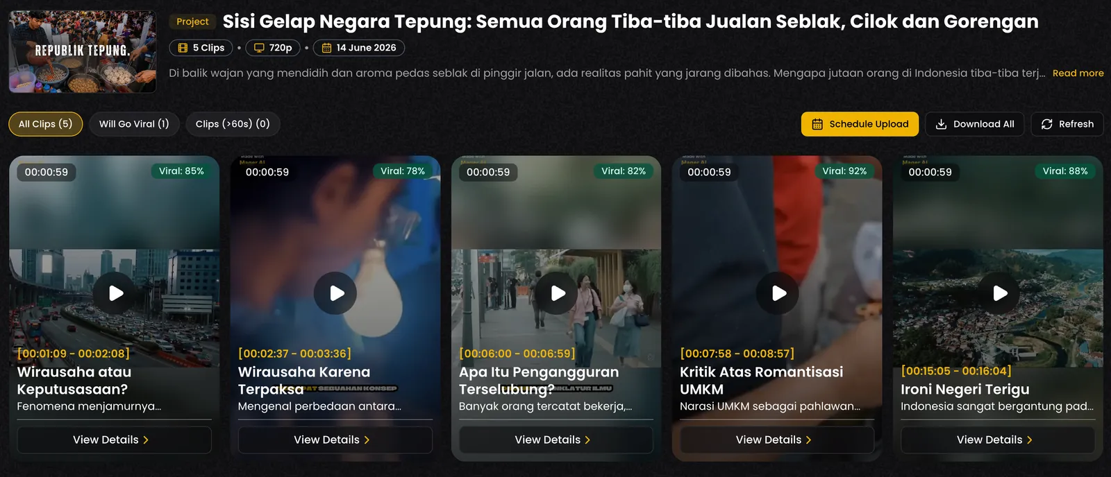 1本の長尺動画から自動生成されたショート動画が並ぶ Mager Klip のプロジェクト画面