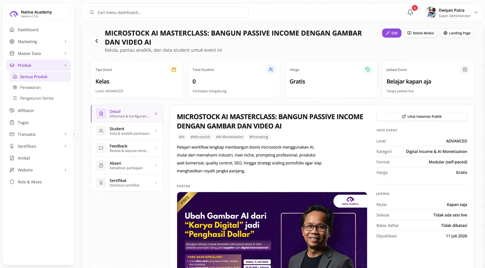 Detail satu kelas dengan jadwal, harga, dan jumlah student, beserta tab yang menjalankannya: detail, student, feedback, absen, sertifikat.