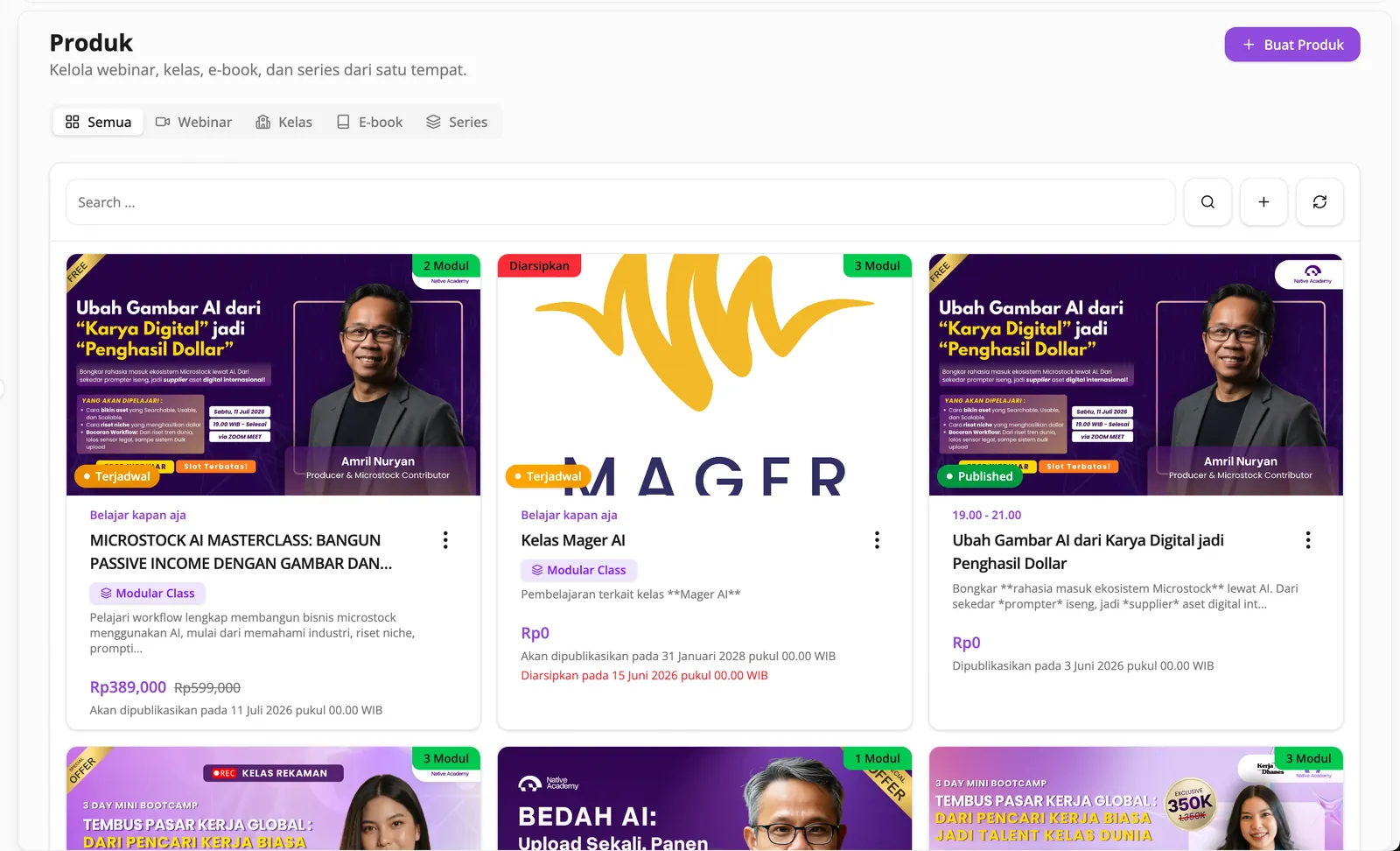 Katalog produk: semua kelas dan webinar beserta status, harga, tanggal publikasi, dan jumlah modul, bisa disaring per tipe.