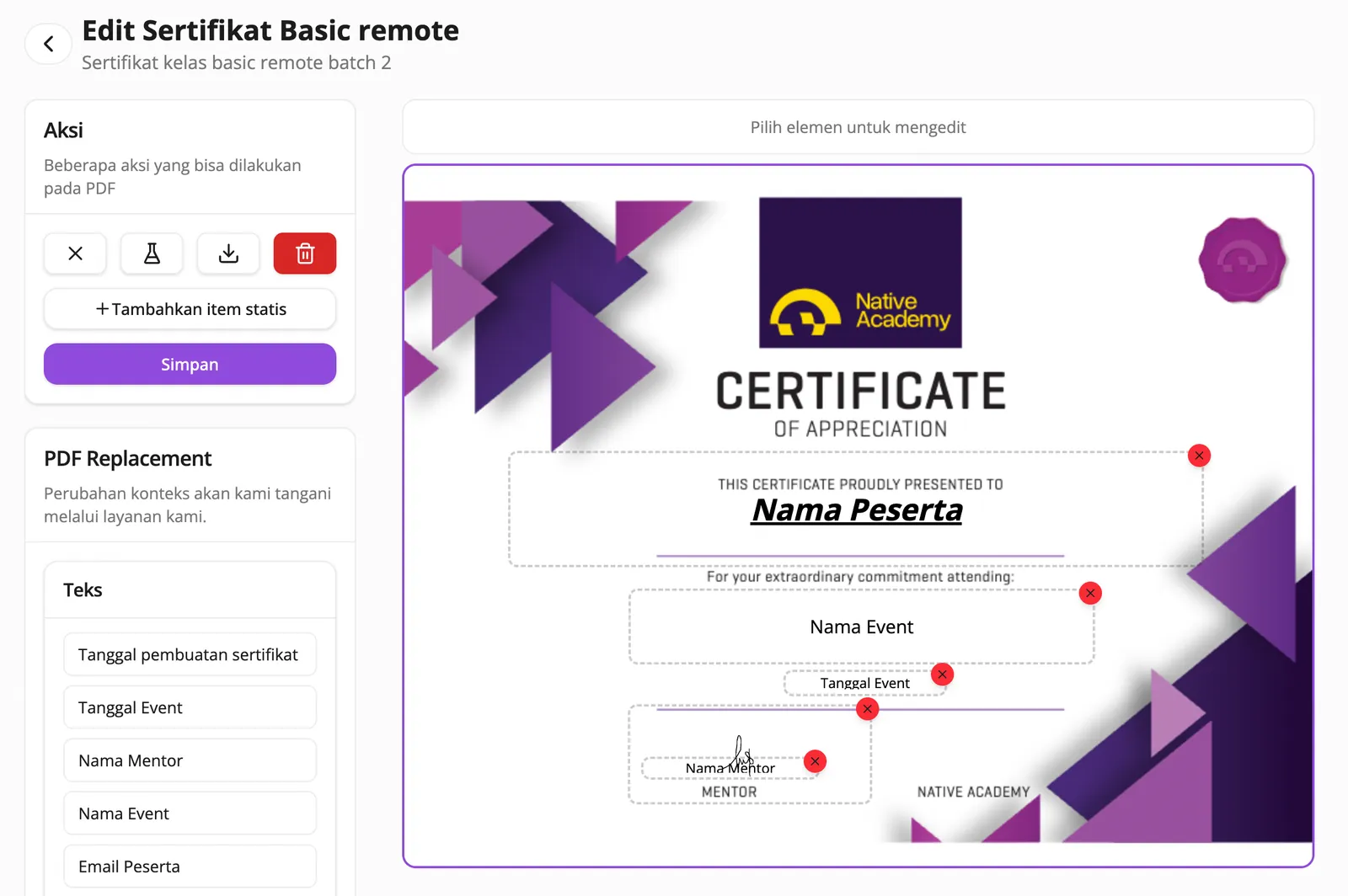 Editor sertifikat, menempatkan kolom nama peserta, nama event, tanggal, dan mentor di atas template sertifikat.