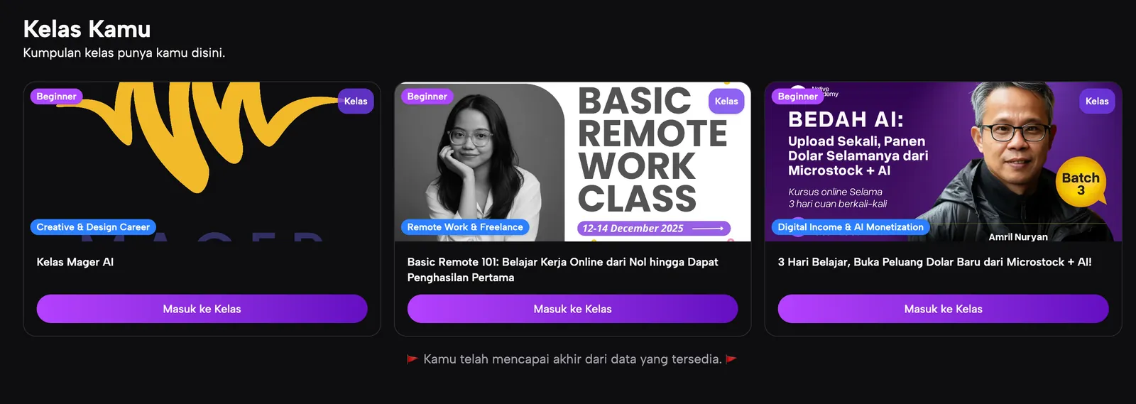 Kelas Kamu: setiap kelas yang diikuti tampil sebagai kartu dengan kategori, level, dan jalan masuk kembali ke kelasnya.