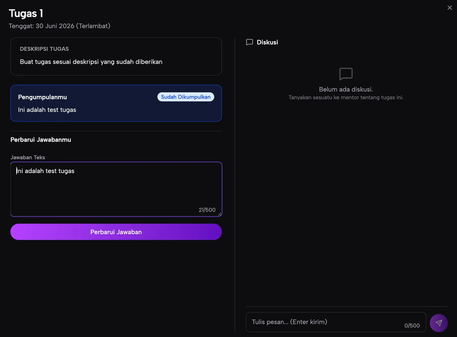 Tugas yang sudah dikumpulkan dan masih bisa diperbarui, dengan panel diskusi untuk bertanya ke mentor.