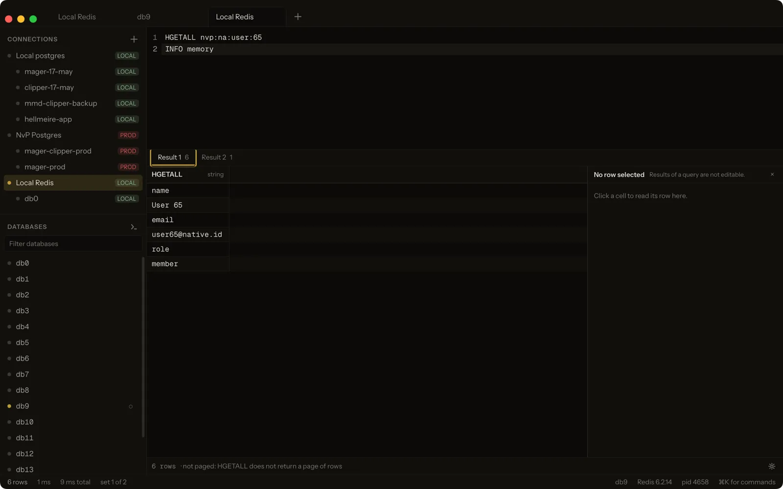 Konsol perintah Redis: satu perintah per baris, satu hasil untuk masing-masing.